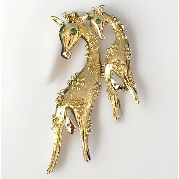 Vintage Giraffe Scatter Pin Brooch Mother Baby Gold Tone Green Rhinestone Eye - Picture 3 of 9